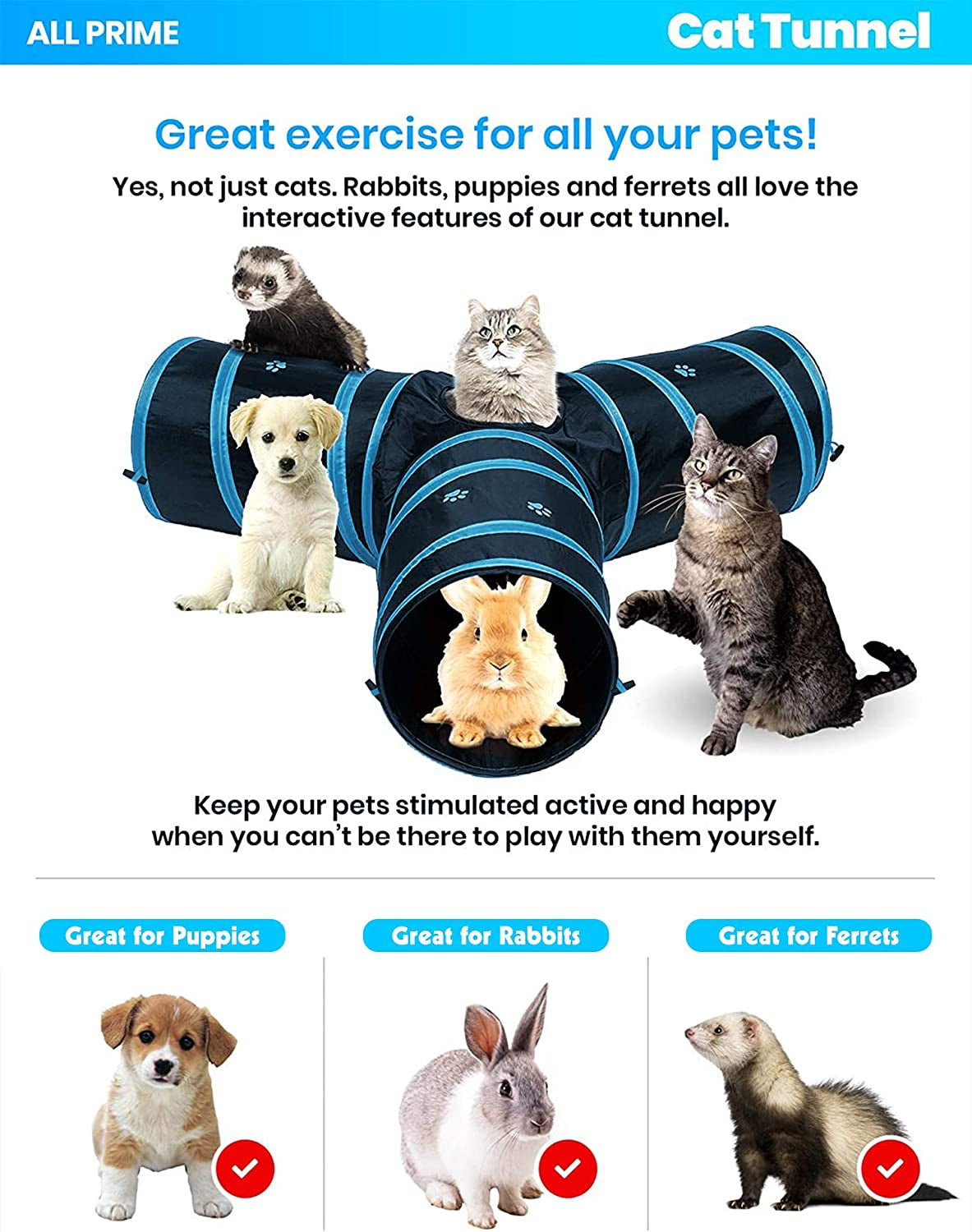 Cat Tunnel - Also Included Is a ($5 Value) Interactive Cat Toy - Toys for Cats - Cat Tunnels for Indoor Cats - Cat Tube - Collapsible 3 Way Pet Tunnel - Great Toy for Cats & Rabb (Blue)