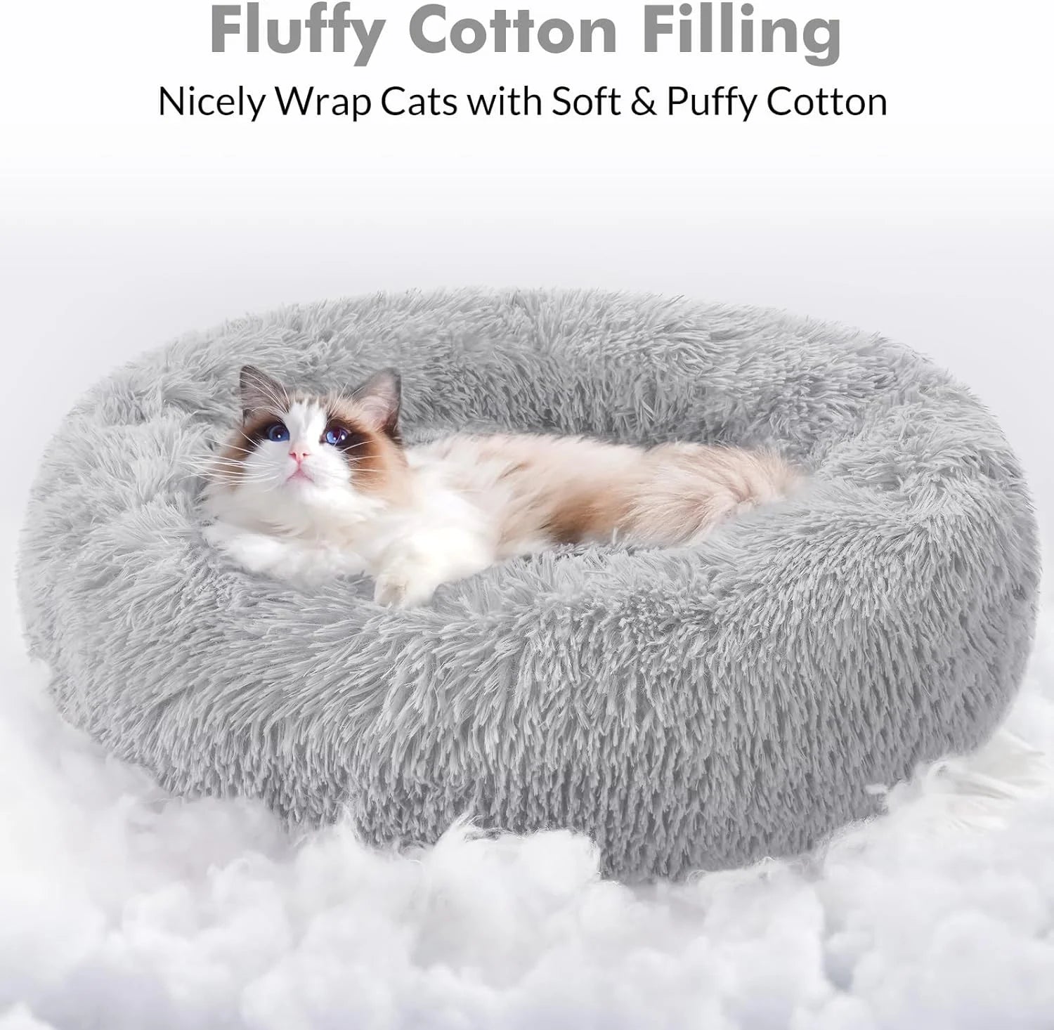 Cat Bed for Indoor Cats, Fluffy round Self Warming Calming Soft Plush Donut Cuddler Cushion Pet Bed for Small Dogs Kittens, 20 Inches