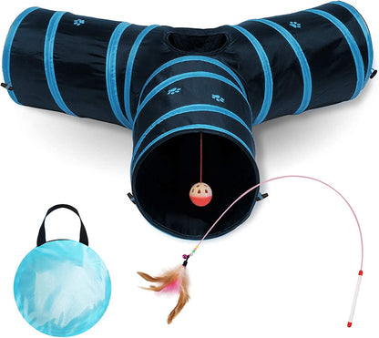 Cat Tunnel - Also Included Is a ($5 Value) Interactive Cat Toy - Toys for Cats - Cat Tunnels for Indoor Cats - Cat Tube - Collapsible 3 Way Pet Tunnel - Great Toy for Cats & Rabb (Blue)